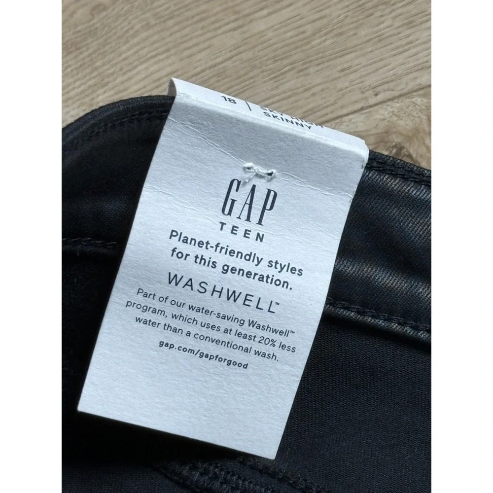 NWT Girls GAP Teen sky high skinny faux leather shinny jeans black stretch 18